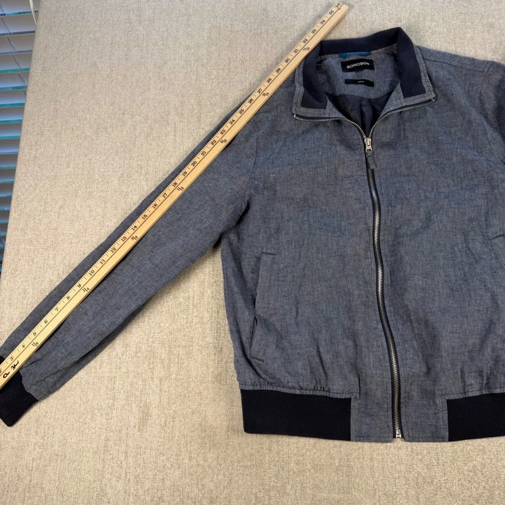 Bonobos Bomber Jacket Men M Gray Blue Linen Cotton Blend Zip Harrington